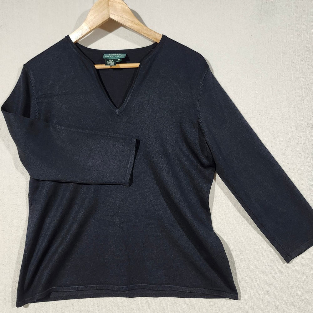 Lauren Ralph Lauren Silk Blend, V-Neck, Long Sleeve, Elegant Knit Top, Women M‎